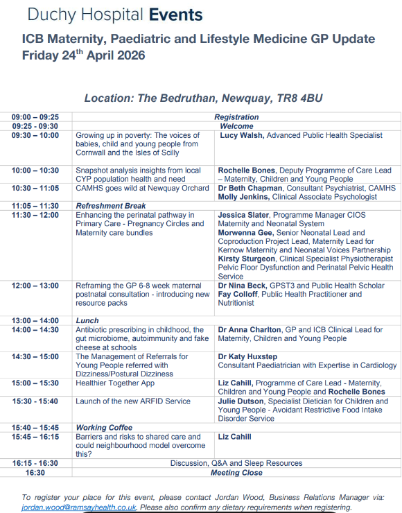 Cornwall ICB Maternity, Paediatric and Lifestyle Medicine GP Update Day Friday 24th April 2026